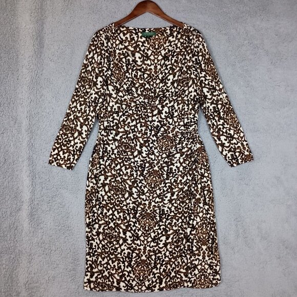 Lauren Ralph Lauren Dresses & Skirts - Lauren Ralph Lauren Bodycon Dress Women's 14 Brown Jacquard Ruched Wrap V-Neck